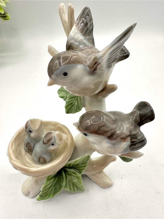 None Other - 2 Grey Sparrows with Bird babies in nest, Porcelain Figurine